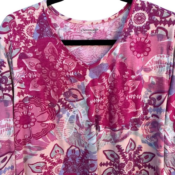 Serengeti Womens Floral V-Neck Long Sleeve Boho Pink Purple Tunic Blouse Top XL - Picture 3 of 8